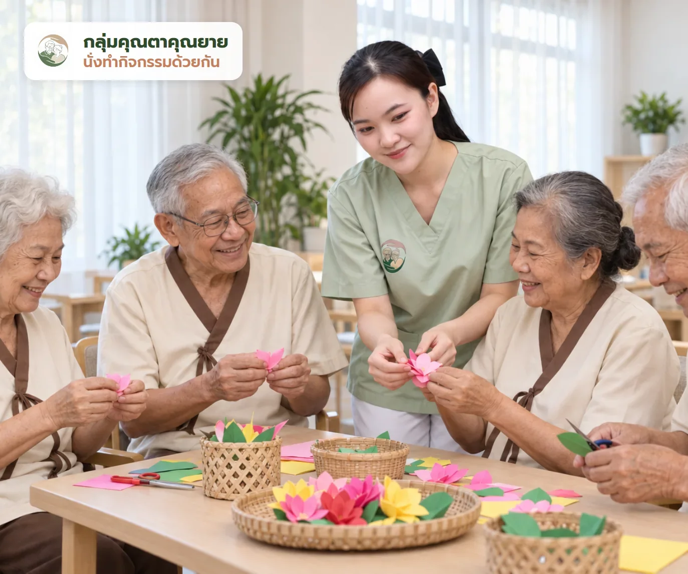 กิจกรรมกลุ่มคุณตาคุณยายที่อ้อมกอด Nursing Home ผู้ดูแลอ้อมกอดในชุดสครับสีเขียวช่วยคุณตาคุณยายพับดอกไม้กระดาษในกิจกรรมกลุ่มประจำวัน บรรยากาศอบอุ่นเหมือนครอบครัว | Omkod caregiver leading a group craft activity